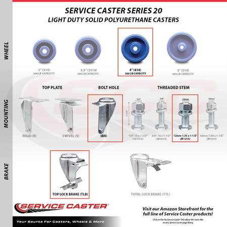 Service Caster 4 Inch SS Solid Polyurethane Swivel 12mm Threaded Stem Caster Set Brake SCC SCC-SSTS20S414-SPUS-TLB-M1215-4